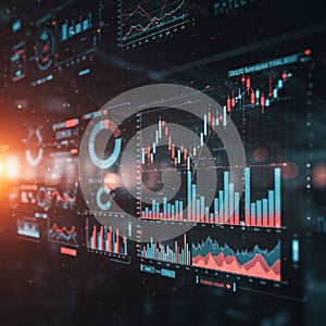 Digital display featuring multiple complex financial graphs and charts. The interface