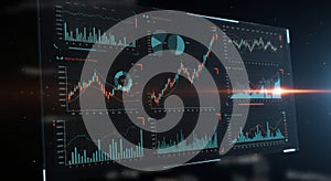Digital display featuring multiple data analytics visualizations. Includes bar graphs,