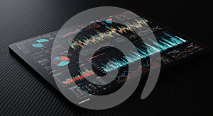 Digital display featuring multiple data visualizations on a dark interface. Includes