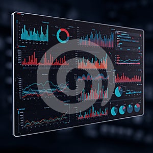 Digital display featuring various data visualizations, including bar graphs, line charts,