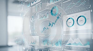 A digital display featuring various data visualizations, including line graphs, bar charts,