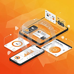 Digital display with floating UI elements showcasing a financial app interface.