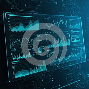 Digital display with multiple graphs and charts, depicting data trends and analysis.
