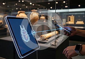A digital display in a museum setting shows a holographic image