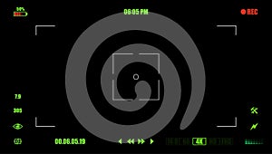 Digital display photo or video camera viewfinder grid with shooting settings on screen: AF dot, time indicator, recording label,