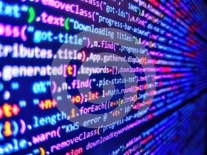 Digital display screen of modern programmer coding work live. Software development monitor screen background. Computer