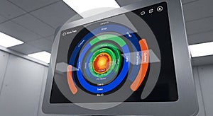 Digital display screen showing a circular data visualization with concentric rings and labels