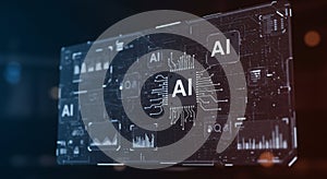 A digital display showcases a futuristic interface centered around AI technology. The