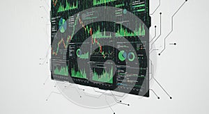 A digital display showcases various data visualizations including pie charts, line