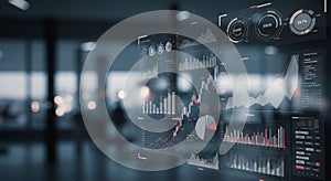 Digital display showcasing various financial graphs and charts, including bar graphs,