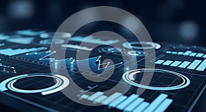 Futuristic data analysis interface with charts and graphs