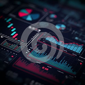 A digital display of various data visualizations, featuring colorful bar charts, line