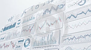 A digital display of various data visualizations, including bar graphs, line charts, and