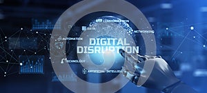 Digital Disruption Business Transformation Innovation technology concept. Robotic arm 3D Rendering.