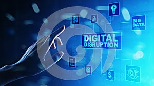 Digital Disruption. Disruptive business ideas. internet of things, network, smart city and machines, big data, AI.