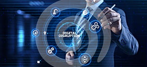 Digital disruption industry transformation technology revolution concept. Businessman pressing button on screen