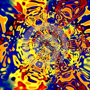 Digital Distortion Artwork. Colorful Red Yellow Blue Illustration. Creative Psychedelic Background. Surreal Artistic Vortex.