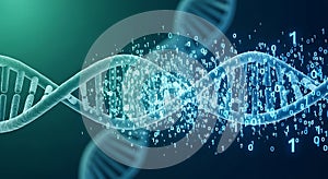 Digital dna strand with binary code overlay represents genetic data and technology