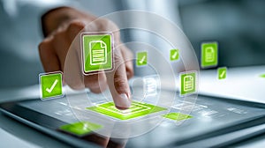 Digital document management and approval process on a futuristic tablet interface