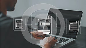 Digital Document Management and Data Flow Visualization on Laptop Screen