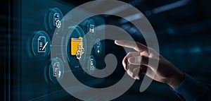Digital Document Management System on Interactive Screen. Hand touching folder icon