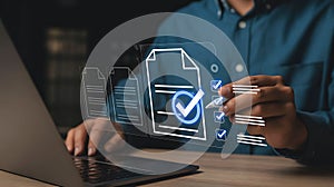 Digital Document Management System with Laptop Shows Efficient Workflow Automation and Task Completion on Virtual Interface with