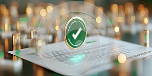 Digital document secured by encryption with verified checkmark symbol