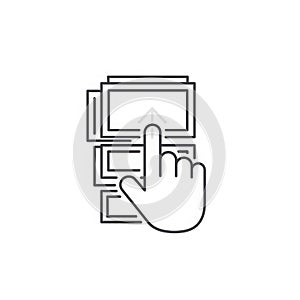 Digital document upload icon with pointing hand, data transfer web concept