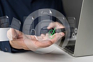 Digital document verification process with online approval checkmark icon and data management concept