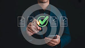 Digital document verification and validation concept with businessman using smart technology for process approval