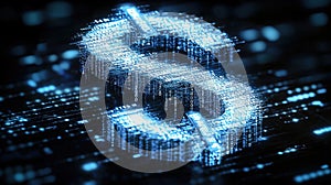Digital dollar symbol with binary code and data streams in futuristic technology background