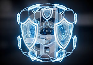Of digital door lock with security shields, representing home security technology