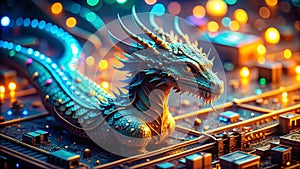 A Digital Dragons Dream Illuminated Mythical Creature Amidst a Complex Network of Modern Computer Components Symbolize