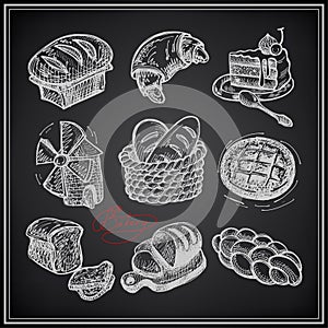 Digital drawing bakery icon set on black
