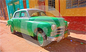 Digital drawing of a classic American car in the streets of old Havana, Cuba.