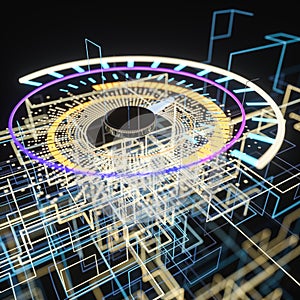 Digital drawing of dashboard with glowing lines, 3d rendering