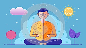 A digital drawing illustrates the brains response to meditation with a comparison of neurotransmitters before and after