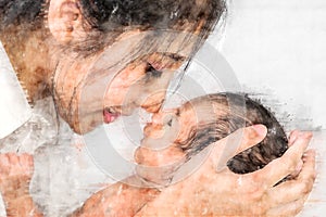 Digital drawing of mother holding her infant baby photo