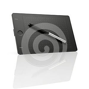 Digital drawing tablet and stylus on a reflective surface