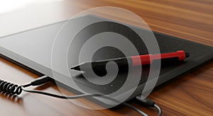 Digital Drawing Tablet and Stylus on Wooden Surface
