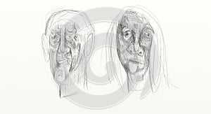 Digital drawing in wide screen format, figurative, minimalist, delicate and fast, human faces interacting side by side.