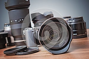 Digital DSLR camera, many lenses, filters and equipment.