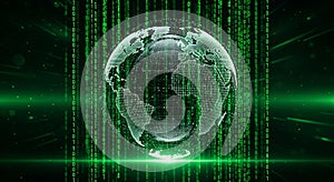 Digital earth globe with binary code overlay representing global technology network
