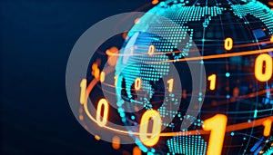 Digital Earth globe with orbiting binary code representing global data and technology