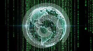 Digital earth globe with binary code background represents global network technology