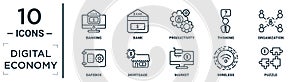 digital.economy linear icon set. includes thin line banking, productivity, organization, mortgage, wireless, puzzle, safebox icons