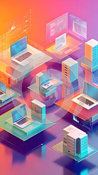 Digital Ecosystem Illustration with 3D Isometric Laptops and Floating Business Analytics