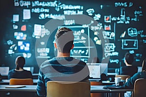 Digital Education Presentation in Classroom Setting with Teacher and Computer Screen Display