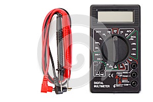 Digital electrical tester multimeter in black case isolated on white background. Digital multimeters have a numeric display, can