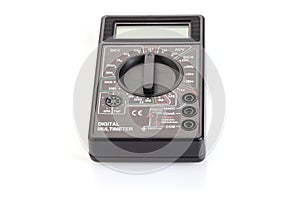 Digital electrical tester multimeter in black case isolated on white background. Digital multimeters have a numeric display, can